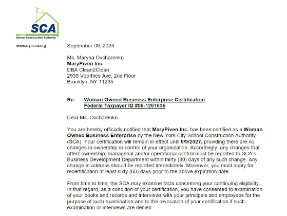 SCA WBE Certificate